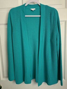 J. Jill Aqua Open Front Knit Cardigan Sweater Size M 100% Cotton Ribbed Trim